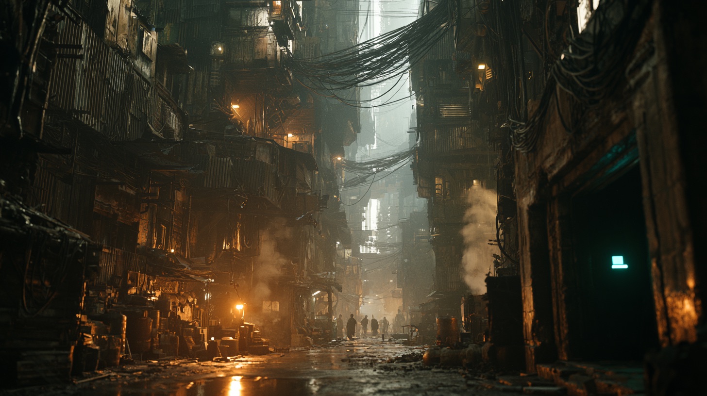 A rain-dark alley in the BetaSoul world, lit by warm lamps, with a few figures far down the street.