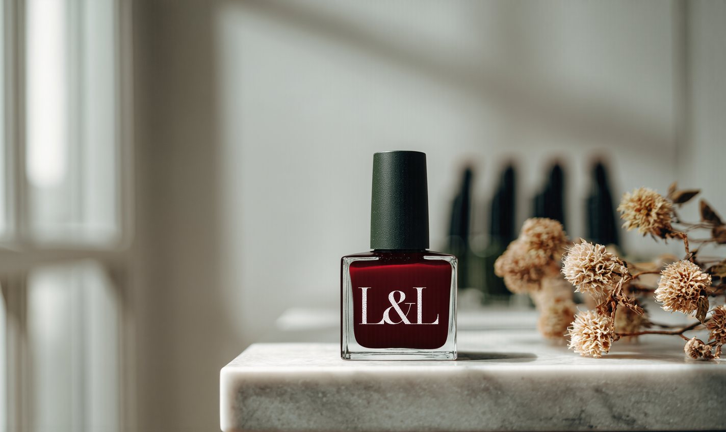 An oxblood Lacquer & Line polish bottle with the L&L monogram on a stone counter beside dried flowers.