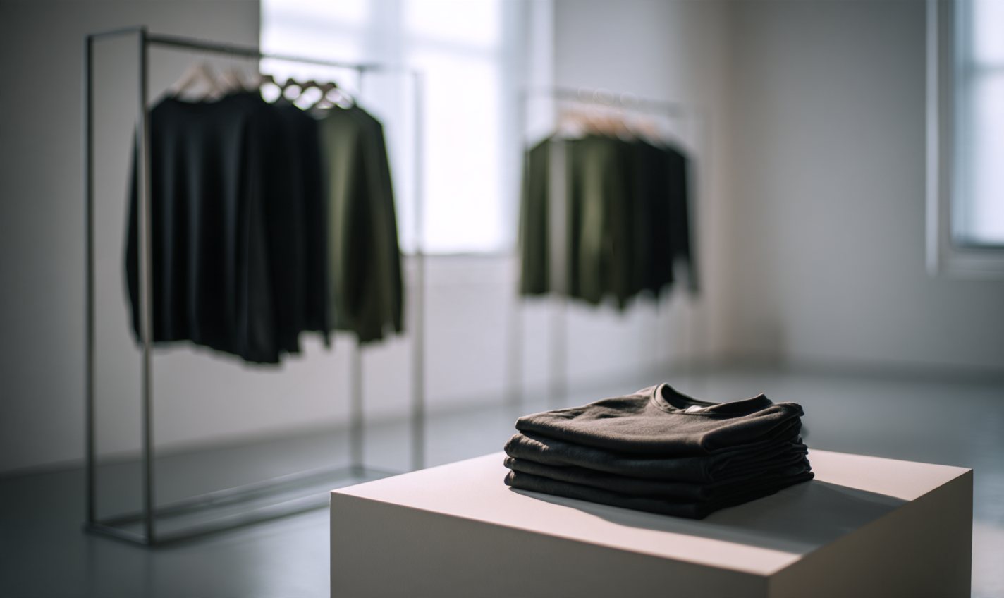 A minimal Versan boutique: black and forest green garments on a silver rack, a folded black shirt on a white plinth.