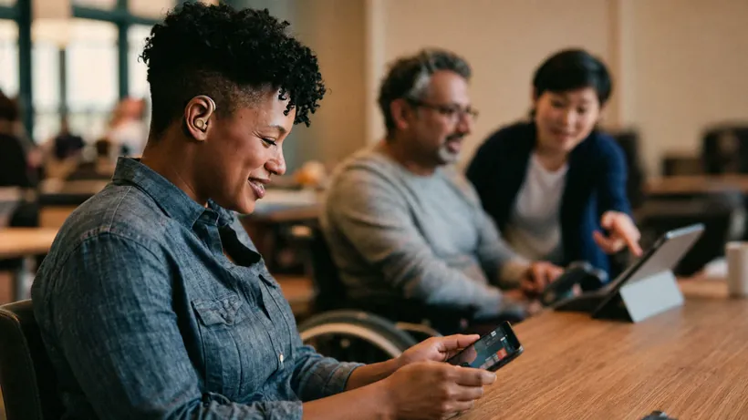 A woman wearing a hearing aid smiles at her phone while a man in a wheelchair uses a tablet with a facilitator.