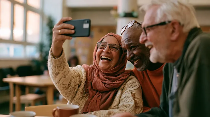 Three older adults laughing together while taking a selfie on a phone.