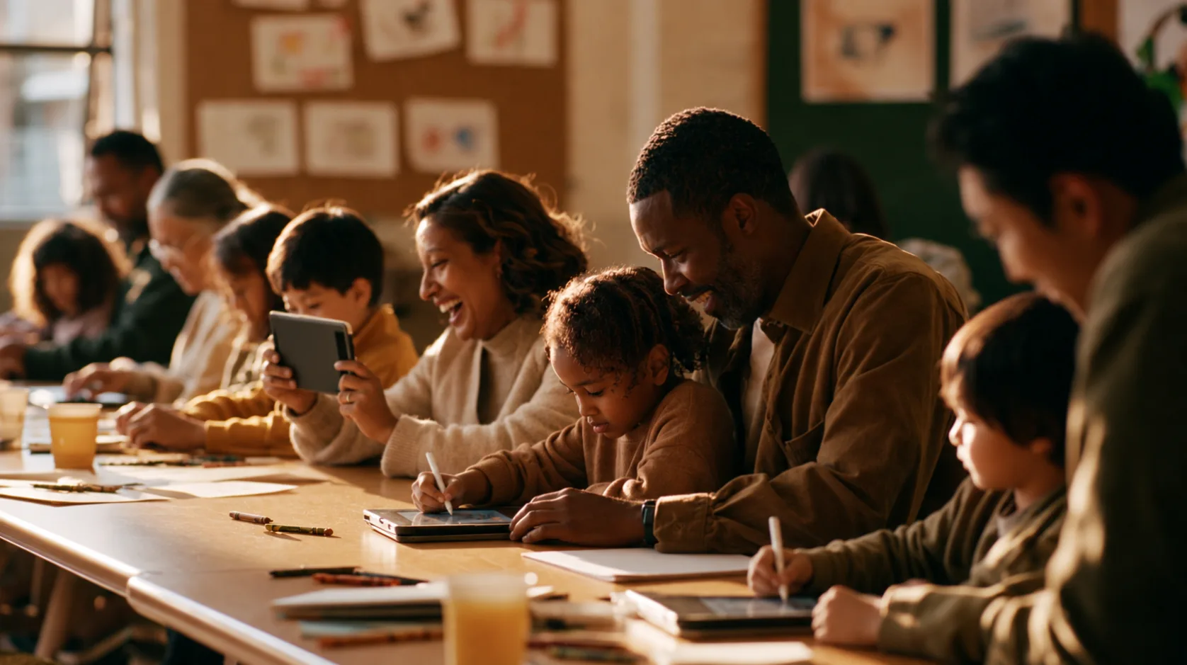 Parents and young children drawing on tablets together at a long workshop table.